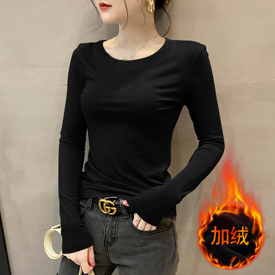 黑色加绒加厚打底衫女内搭春秋冬圆领德绒保暖长袖修身洋气上衣潮