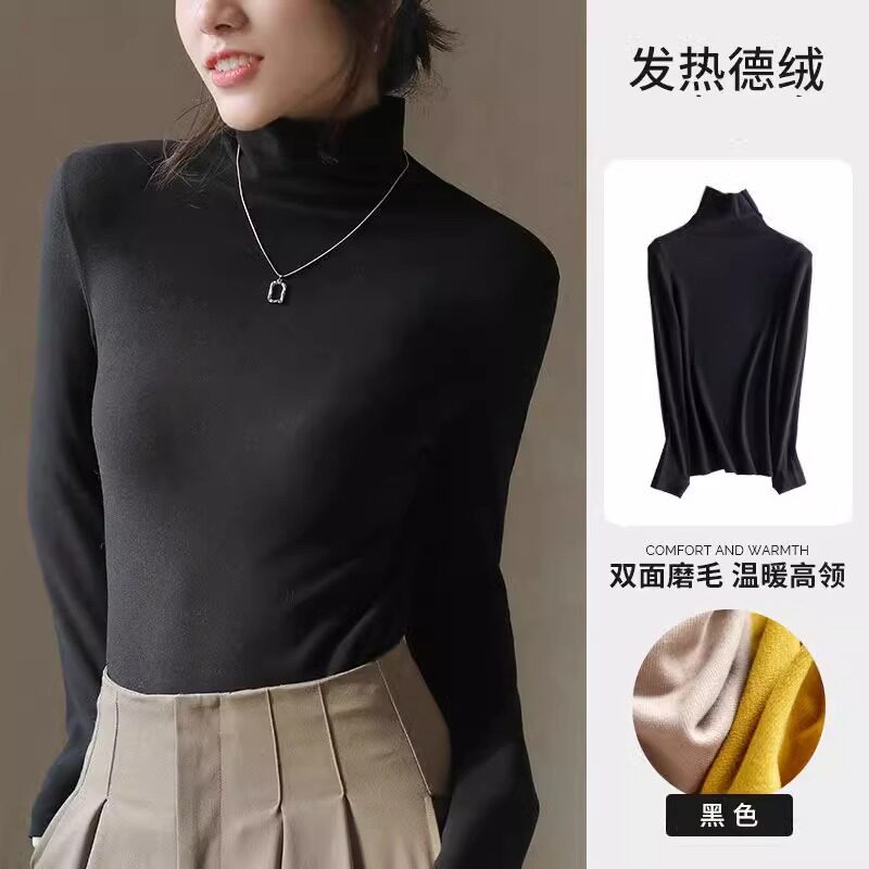 클리어런스 픽업 독일 벨벳 터틀넥 셔츠 가을 겨울 따뜻한 내부 레이어 파일 칼라 긴팔 티셔츠 새 상의 여성용