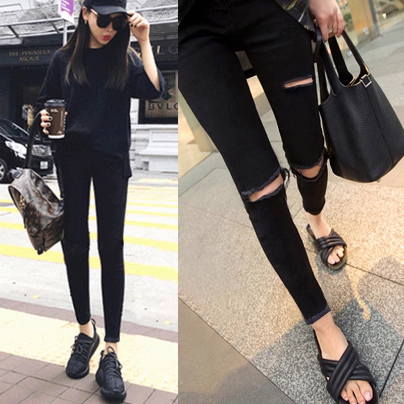 特价清仓九分破洞牛仔裤女夏季新款高腰修身显瘦紧身铅笔小脚长裤