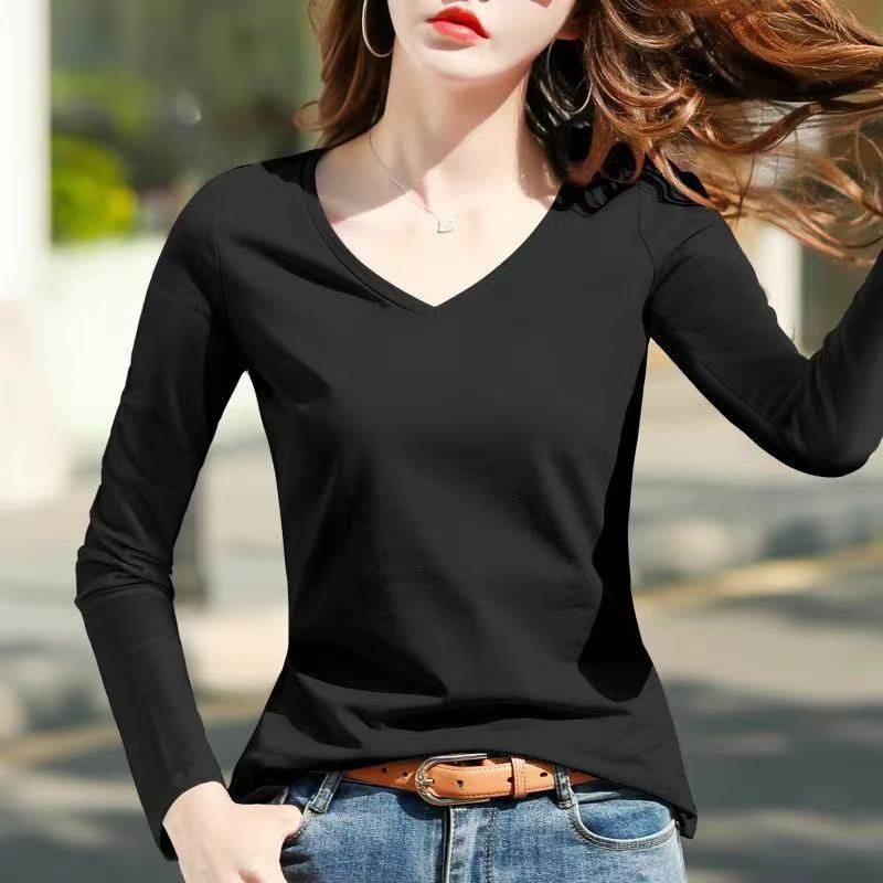 2026t恤女长袖v领大码修身上衣黑色内搭显瘦纯白色小衫通勤春秋款