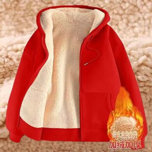 特价清仓羊羔绒连帽卫衣女新款冬季加绒加厚保暖上衣宽松开衫外套