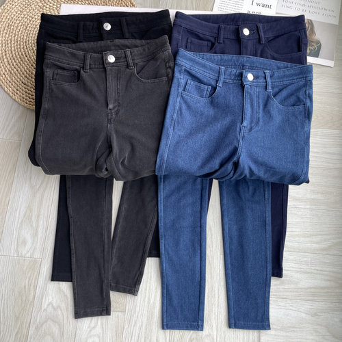 加绒牛仔长裤四面弹薄绒针织高弹