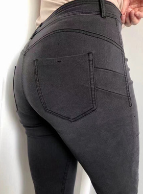 C家高腰提臀四面弹软牛仔裤烟灰色紧身小脚显瘦显高修身9分裤子女