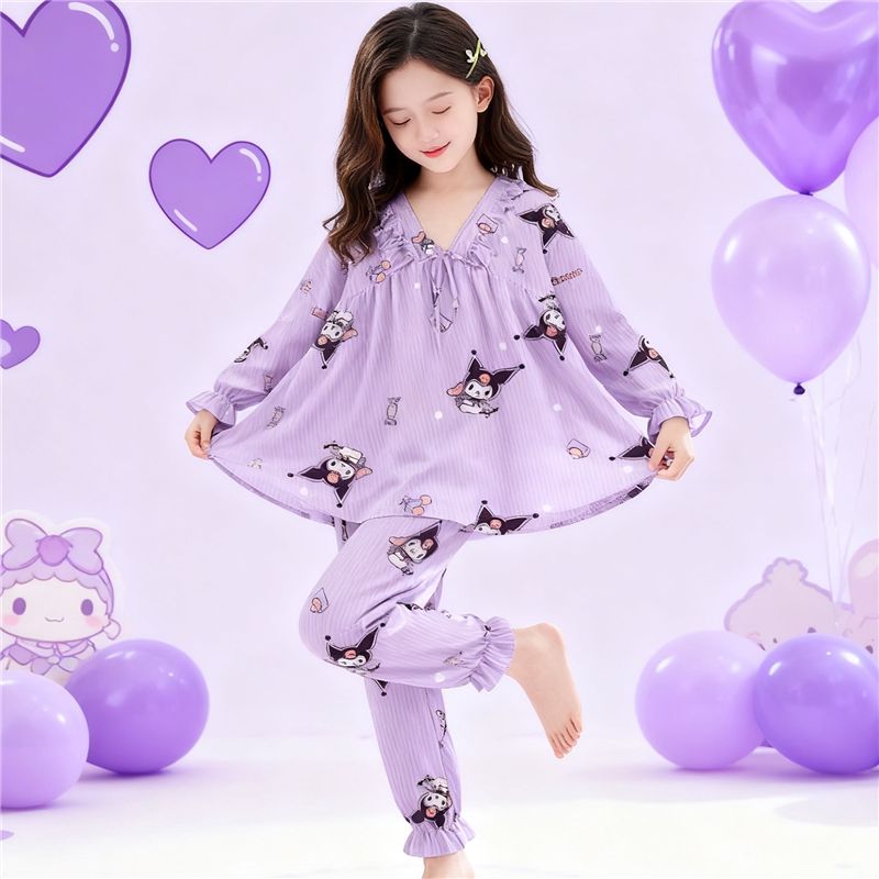 女童套装春秋冰丝公主风薄款儿童中大童女孩睡衣长袖秋冬款家居服