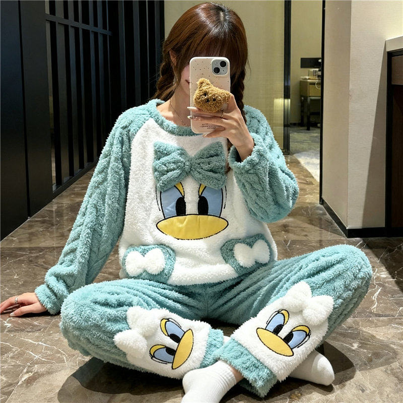 睡衣女冬季法兰绒加厚加绒2026年新款珊瑚绒绿色鸭长袖秋冬家居服