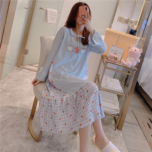 睡裙女春秋纯棉长袖韩版清新学生甜美长款秋冬长袖孕妇睡衣可外穿