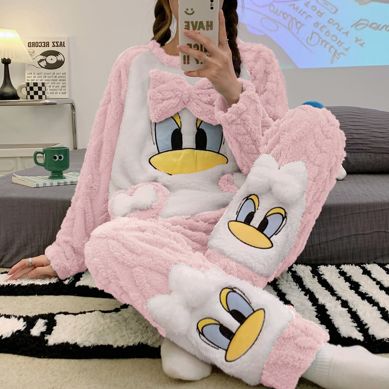 睡衣女冬季法兰绒加厚加绒2026年新款珊瑚绒粉色鸭长袖秋冬家居服