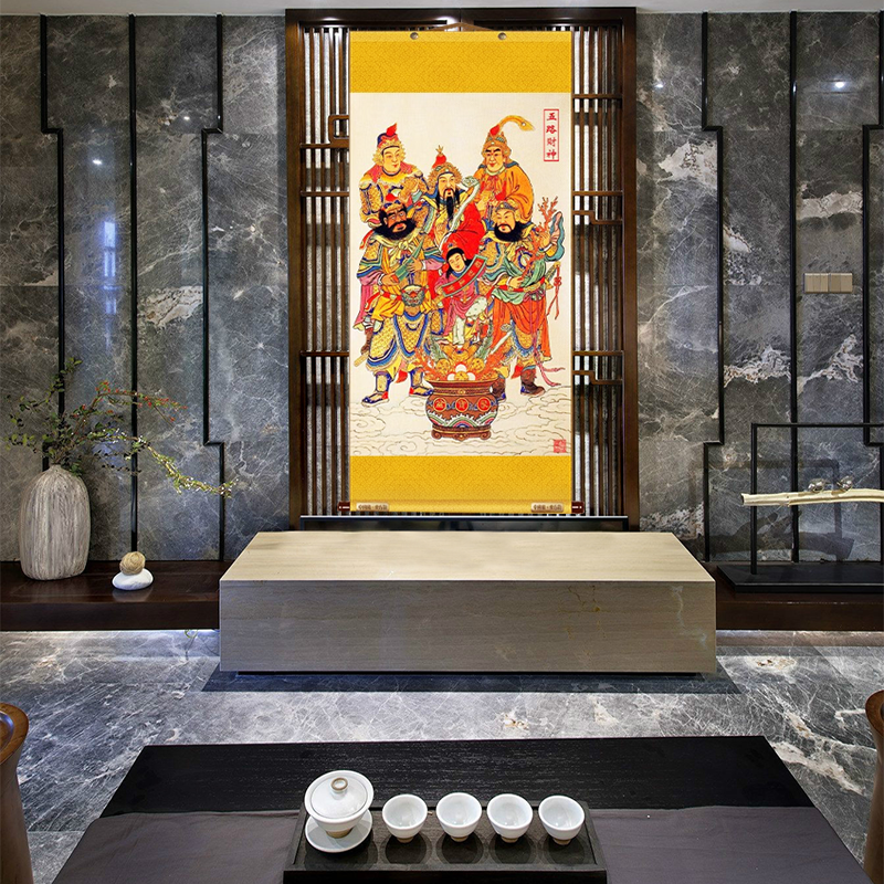 五路财神图挂画卷轴画招财风水画喷绘财神图绢布财神挂画竖版神像