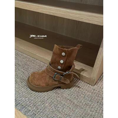 JBM靴子女童牛皮大黄靴2025秋季中筒靴儿童英伦风马丁靴皮靴