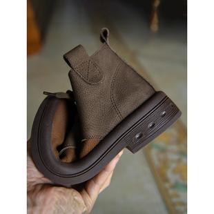 何其丑 头层牛皮系带马丁靴女平底女靴真皮短靴2025新款秋冬女鞋