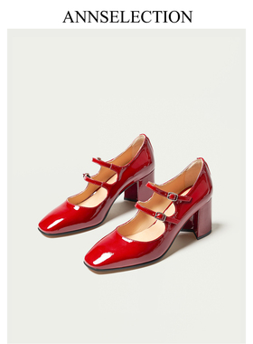 ANN法式复古粗跟单鞋2023春季新款高跟鞋红色一字扣带玛丽珍女鞋