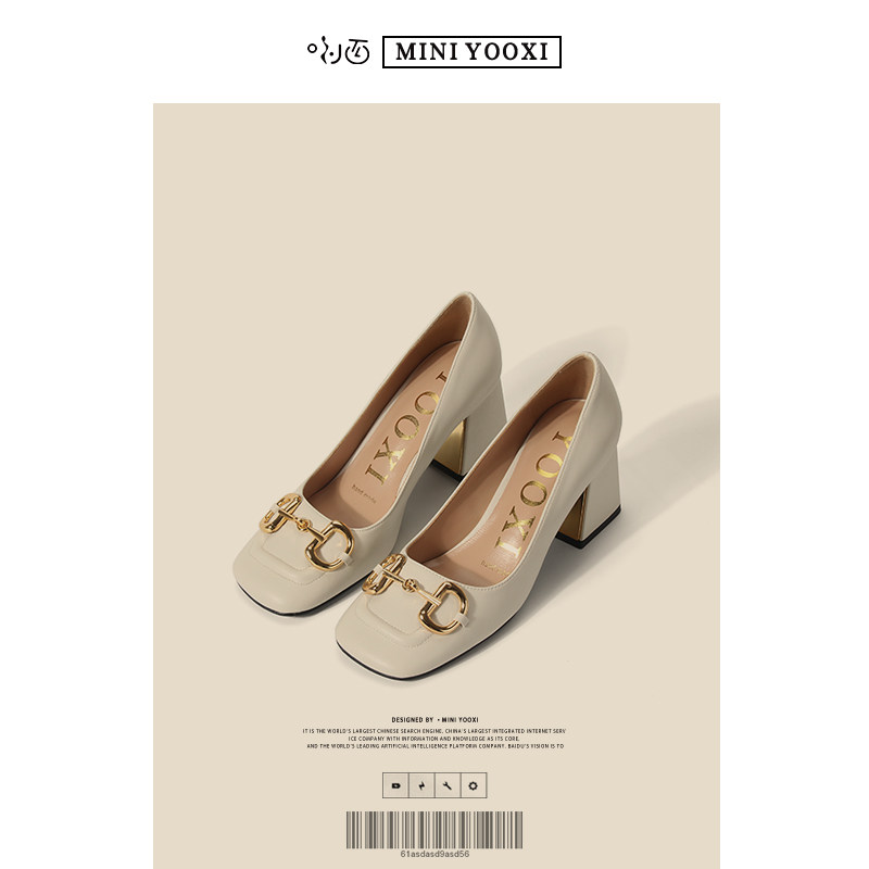 法式高跟鞋女2025年春夏新款方头皮鞋粗跟复古真皮白色通勤单鞋女