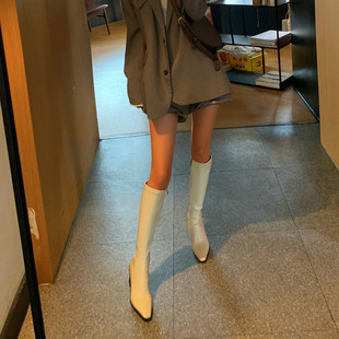 靴子女2023秋高跟粗跟大码尖头白色弹力瘦瘦长筒高筒中筒女靴长靴