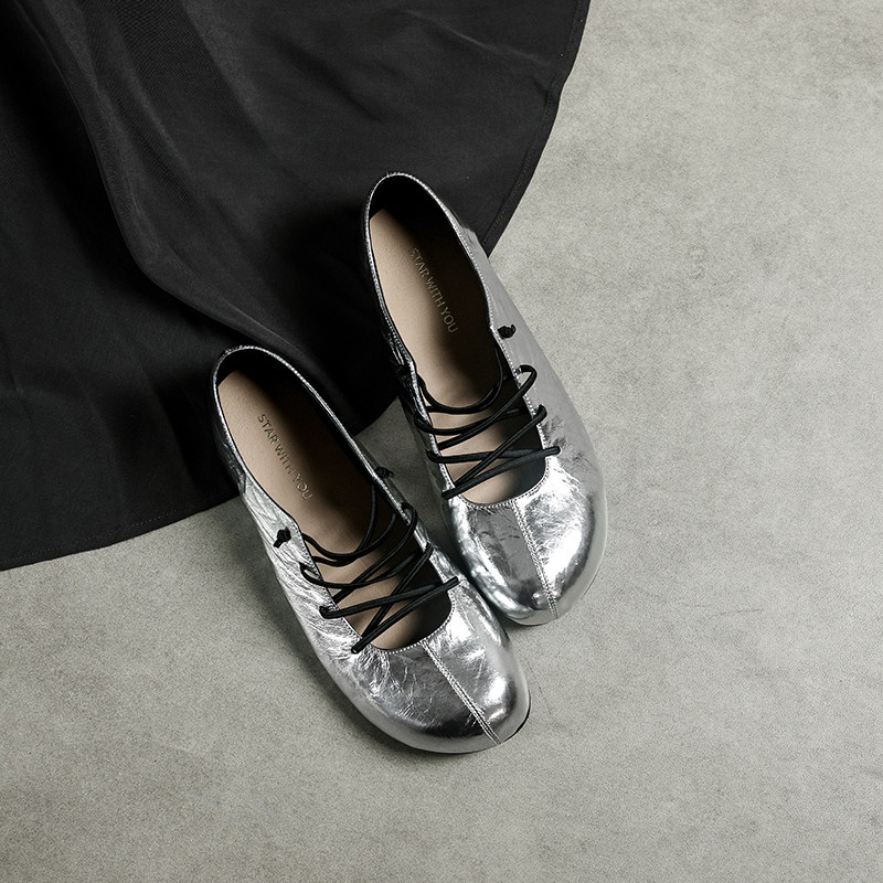 【STAR】真皮英伦风小众交叉绑带复古时尚百搭休闲圆头单鞋2cm