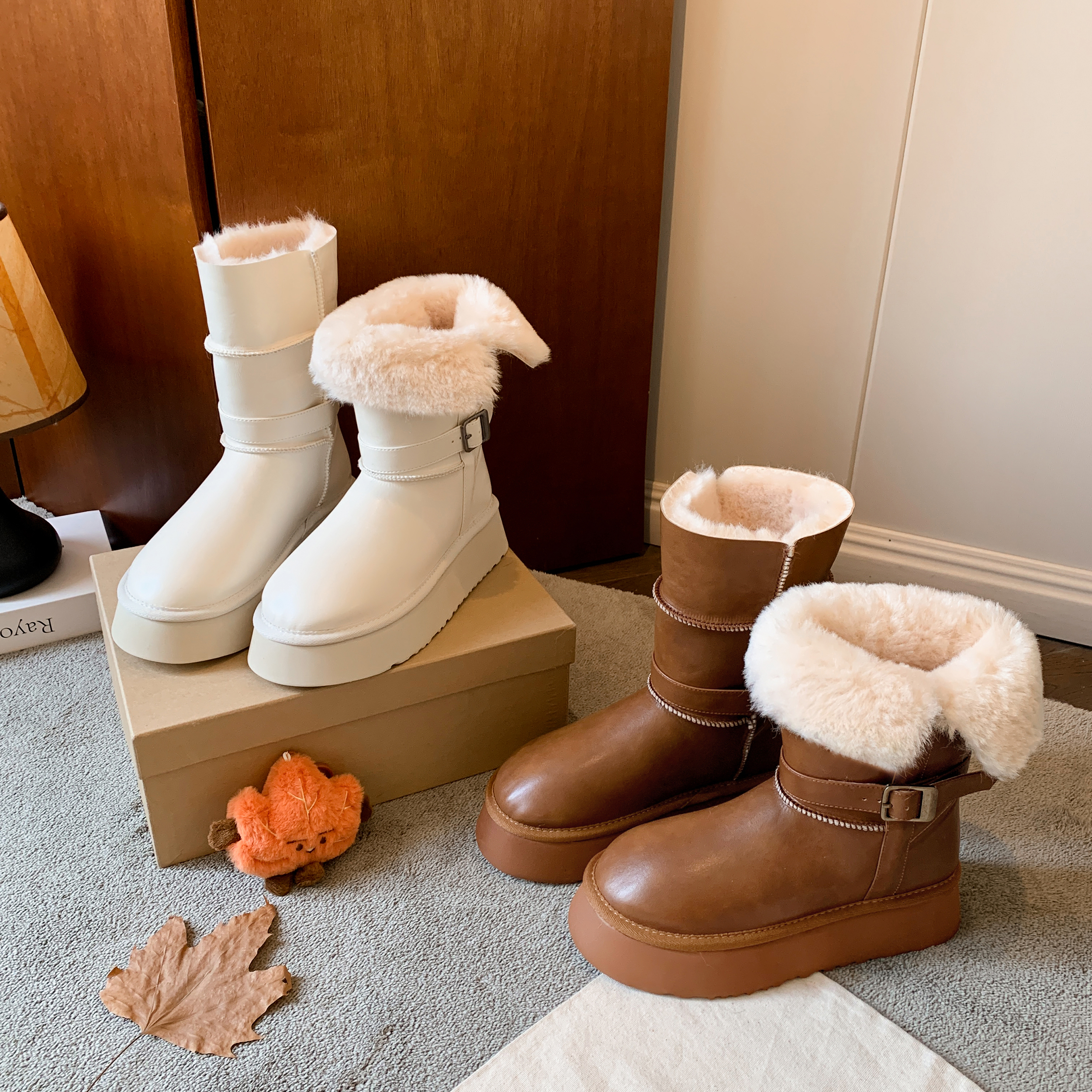 【STAR】厚底时尚机车款增高加绒加厚韩系休闲保暖骑士雪地靴4cm