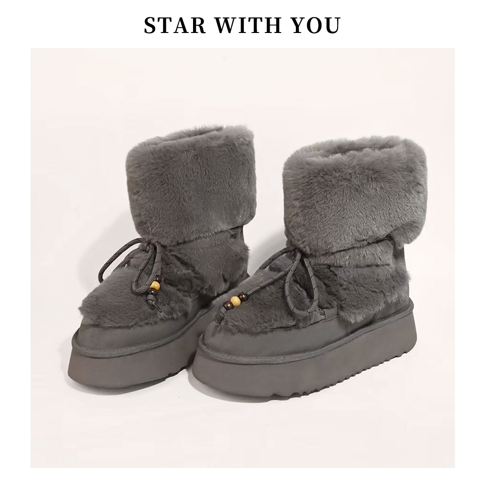 【STAR】冬季新款厚底绑带时尚百搭韩系加厚保暖中筒雪地靴4cm