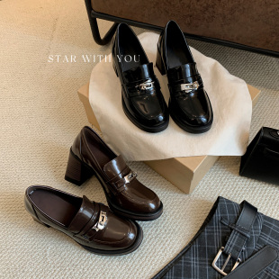 【STAR】法师气质圆头复古英伦风金属扣高级简约粗跟乐福鞋7cm