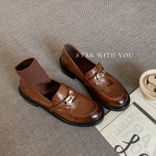 【STAR】休闲复古圆头金属扣简约高级感通勤气质粗跟乐福鞋4cm