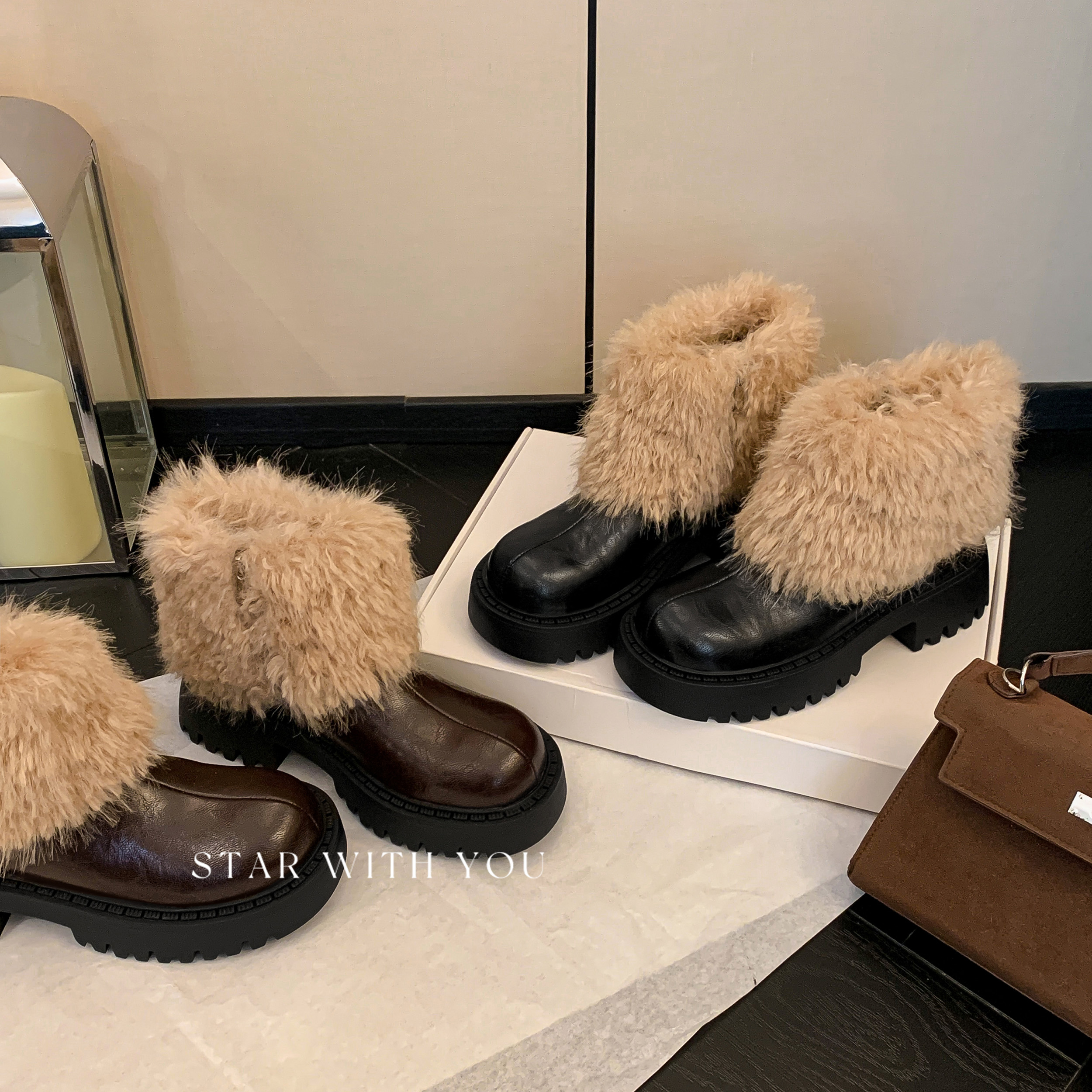 【STAR】复古法式冬季毛毛靴厚底圆头时尚气质加绒保暖雪地靴5cm