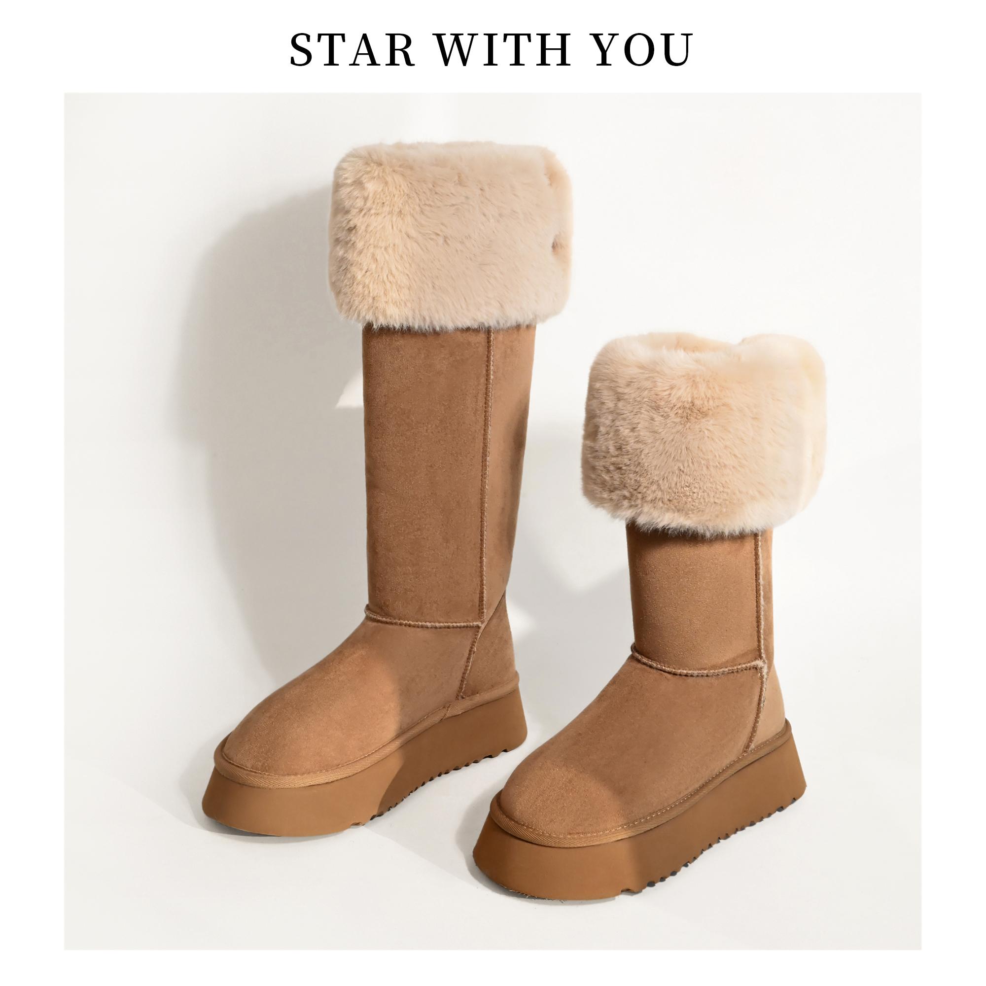 【STAR】冬季休闲百搭圆头厚底套筒厚绒保暖两穿雪地靴4cm