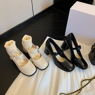 一字带气质百搭方头粗跟浅口简约复古日系玛丽珍7cm 法式 STAR