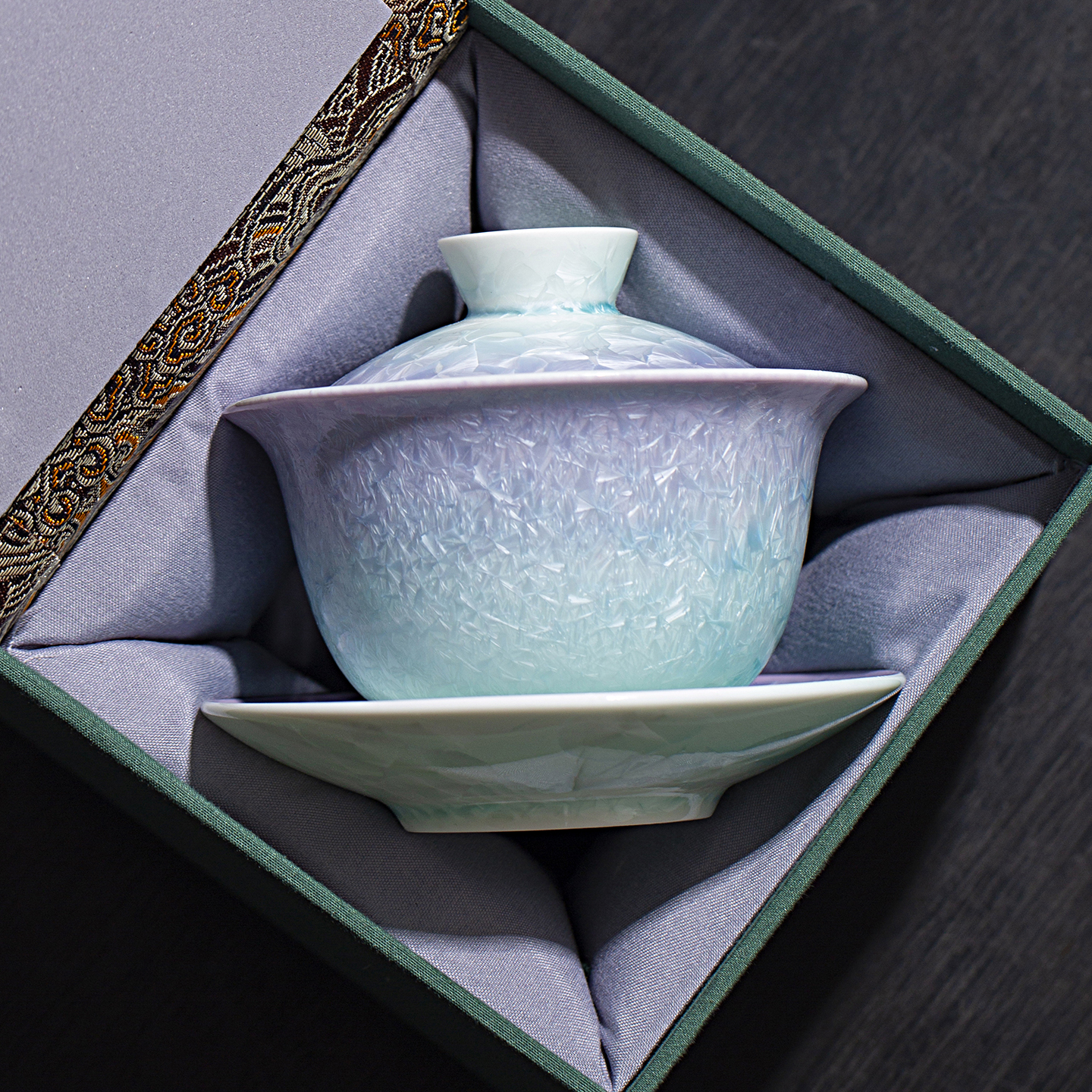 结晶釉窑变冰花三才盖碗