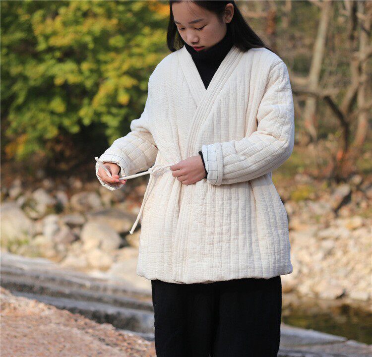 文艺国风偏襟系带棉衣女中长款秋冬季宽松禅意夹棉琴茶服外套棉服