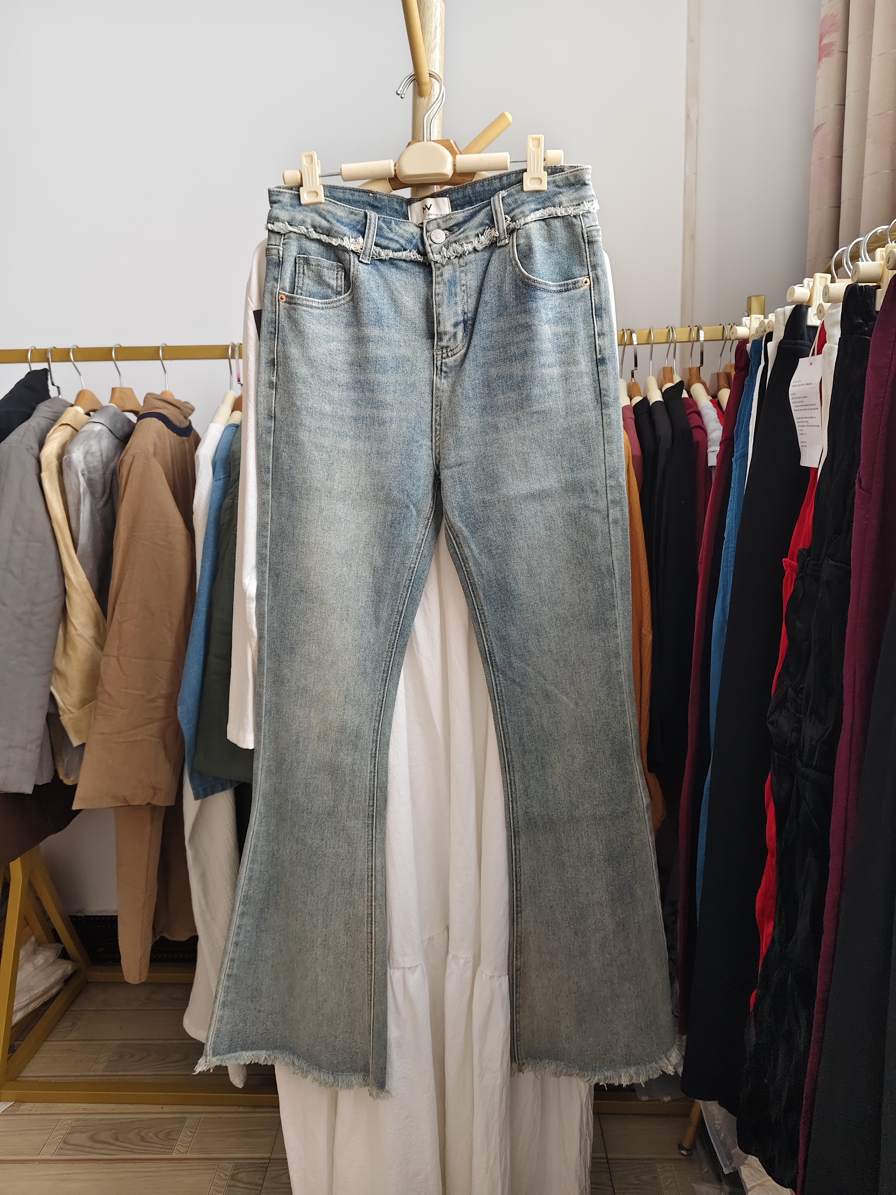 特价清/MV家蓝色毛边牛仔裤显瘦喇叭裤XL码有弹力腰76 臀90 长110