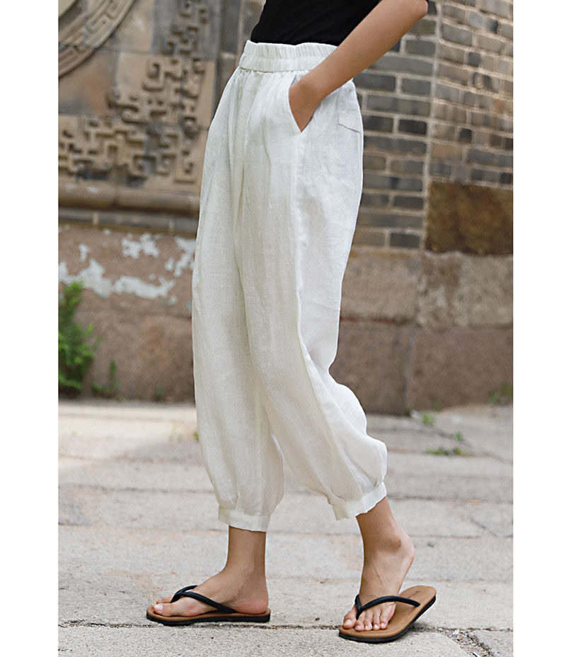夏季宽松薄款亚麻裤子九分裤女文艺质朴清爽麻料收口休闲裤松紧腰