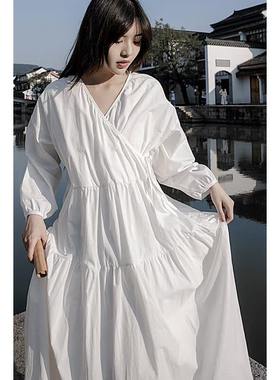 特/简约文艺高密棉大摆连衣裙春夏中长款纯棉裙子胸围100 衣长126