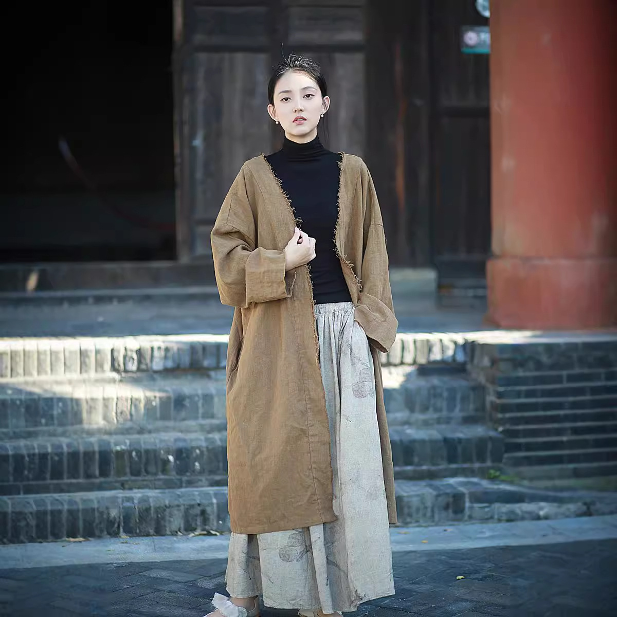 24秋毛边宽松复古外套女中长款开衫外搭加厚砂洗苎麻文艺系带风衣