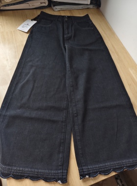 特清/GD家黑色花边牛仔裤阔腿裤秋冬款M码腰围68臀围100裤长98