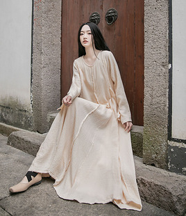 春秋款棉纱大摆长袖连衣裙袍子加长款高个子文艺毛边素白长裙子