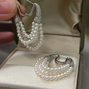 锆石多层珍珠马蹄扣流苏耳扣法式时尚简约百搭耳环轻奢感耳饰