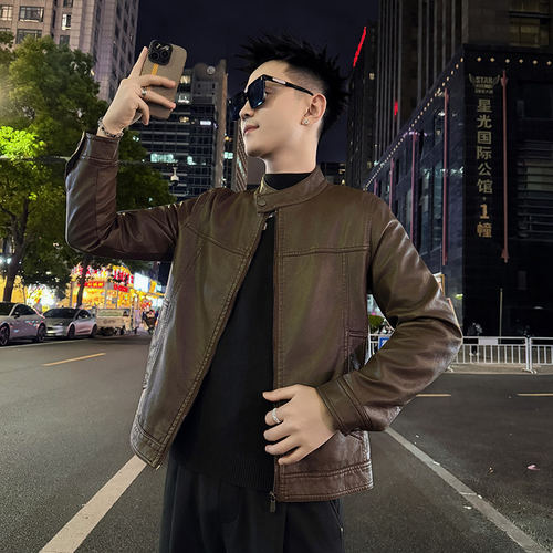 痞帅立领皮衣XS小码男装潮流机车夹克S号秋冬季矮个子加绒皮外套