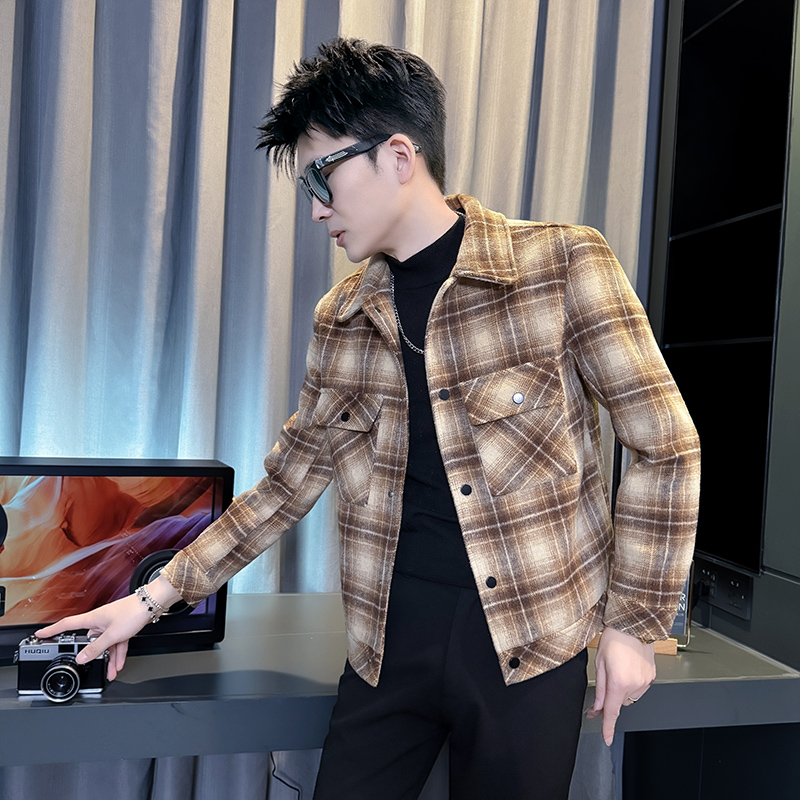 2025秋冬季小码男装百搭格子呢子外套XS码S号矮个子韩版修身夹克