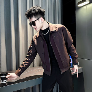 XS小码男士假两件夹克上衣春秋季高级感双层翻领矮个子痞帅外套衣