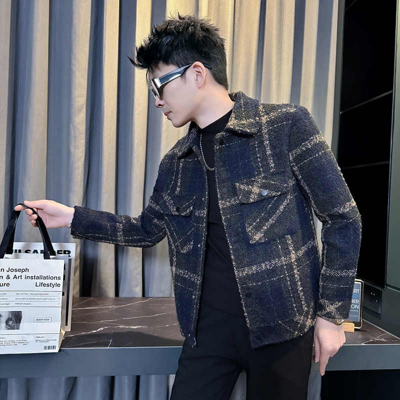 155矮小个子格子呢子外套XS码S号男装秋冬季新款韩版修身翻领夹克