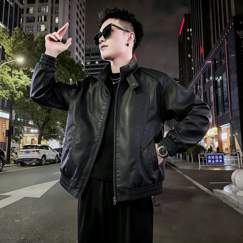 高级感美式结构帅气皮衣外套XS码男装上衣秋冬季立领PU皮夹克S号