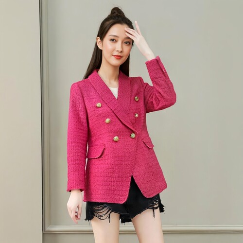 羊毛呢金属双排扣青果领西服外套