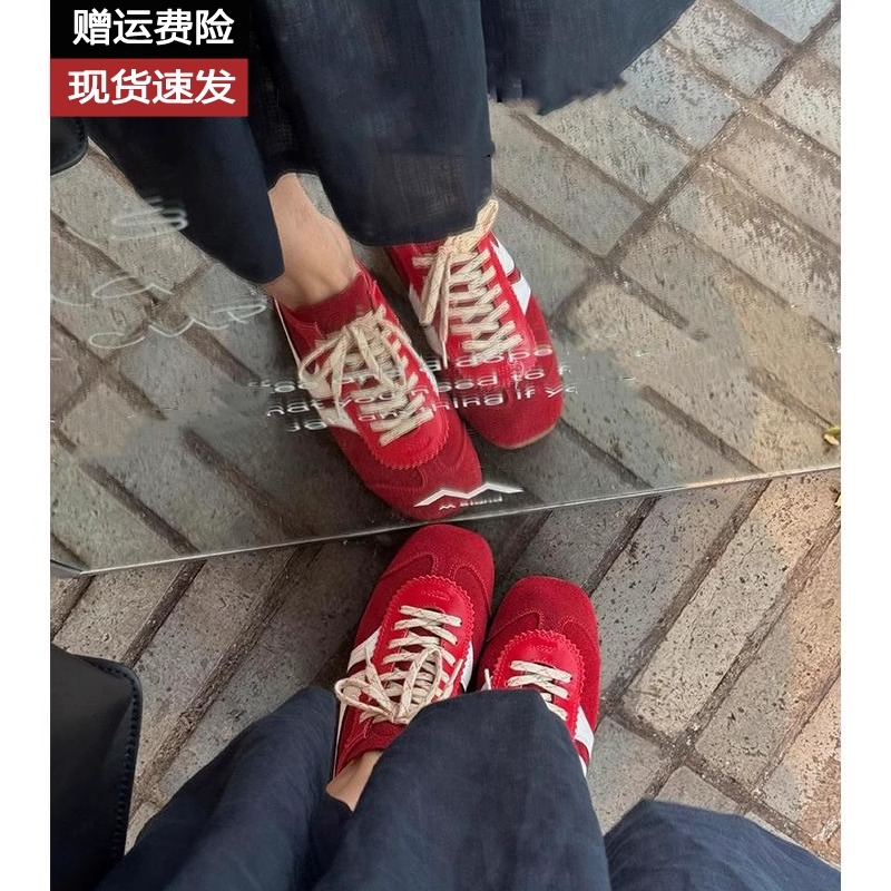 软牛皮~真皮复古红色德训鞋女