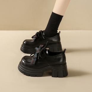 女高跟单鞋 7cm增高厚底乐福鞋 真皮蝴蝶结小皮鞋 新款 女 女2026春季