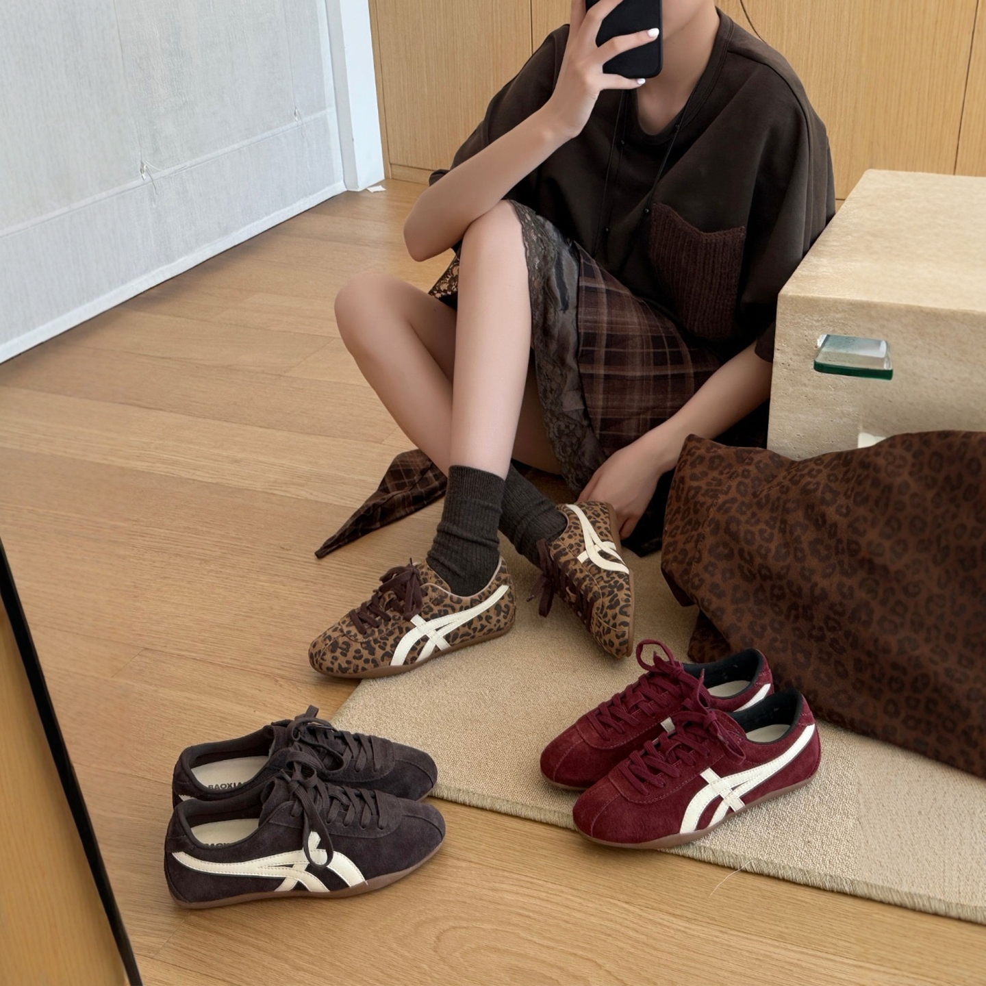 真皮豹纹德训鞋女软底休闲阿甘鞋