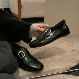 软羊毛~真皮流苏雕花毛毛乐福鞋女冬季新款圆头一脚蹬加绒小皮鞋