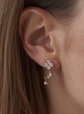 「耳边绽放」TOXIC设计师款金色镶钻花朵925银立体摇曳吊坠耳钉