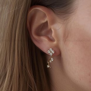 「耳边绽放」TOXIC设计师款金色镶钻花朵925银立体摇曳吊坠耳钉