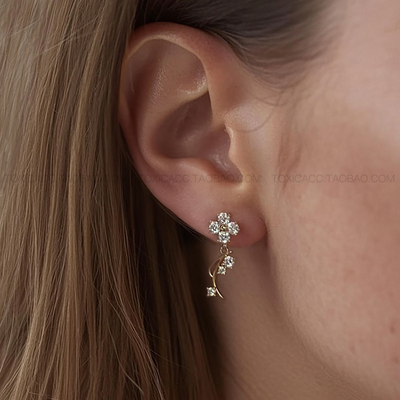「耳边绽放」TOXIC设计师款金色镶钻花朵925银立体摇曳吊坠耳钉
