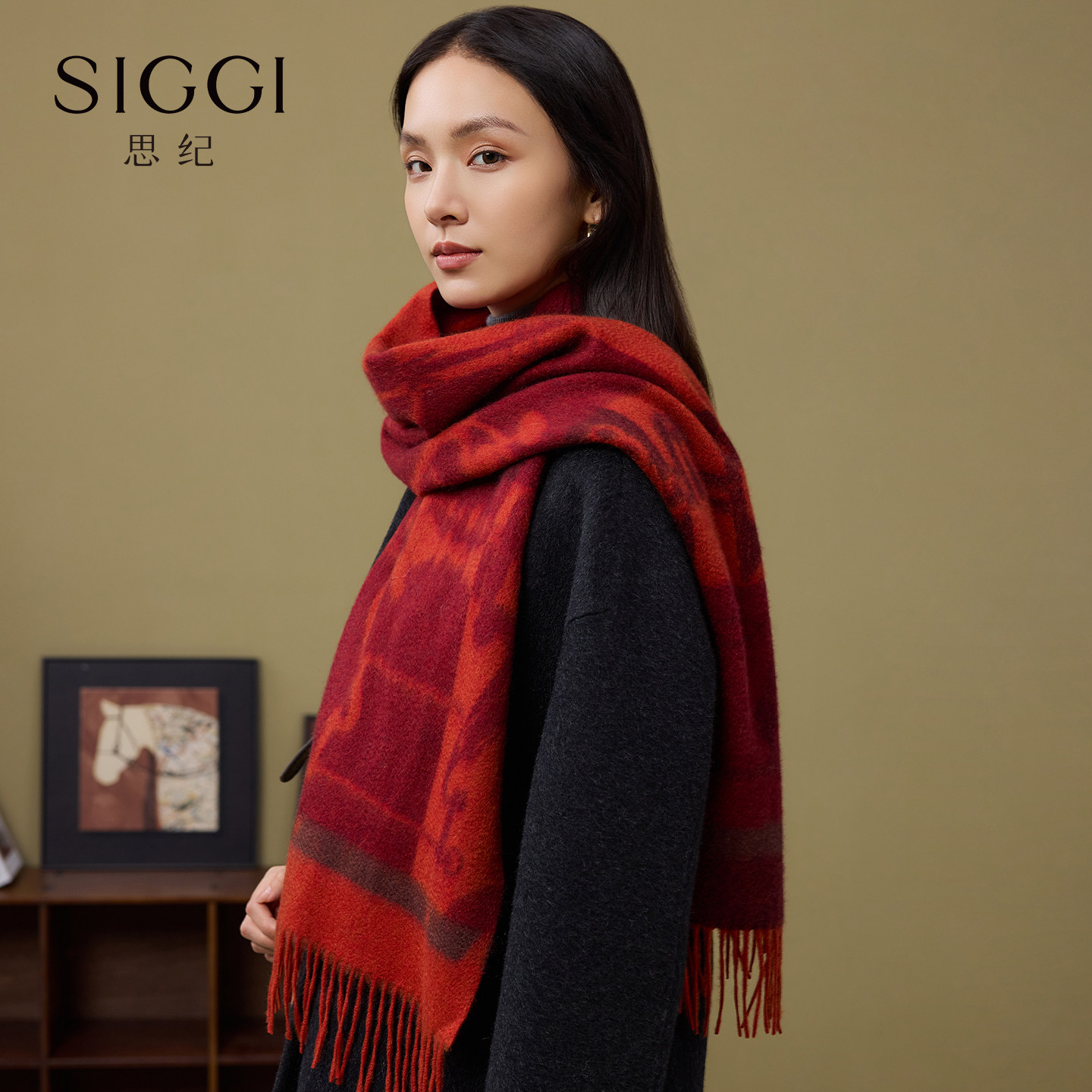 siggi 山羊绒围巾中国红新年提花老钱披肩马年本命年女士新年礼物