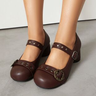 大圆头40-48大小码女鞋子春秋复古5CM粗金属扣英伦风COS动漫单鞋