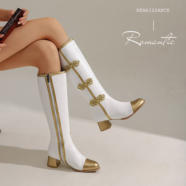 汉元素长靴旗袍觉醒鞋子中跟cosplay动漫秋冬皮高筒大码金白拼色